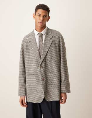 ASOS DEISGN slouchy raglan blazer in stone puppytooth-Neutral