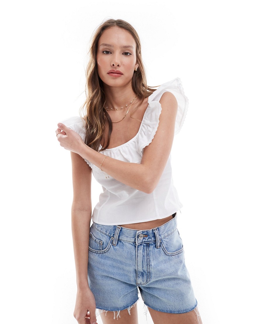 ASOS DEISGN square neck frill top in ivory-Neutral