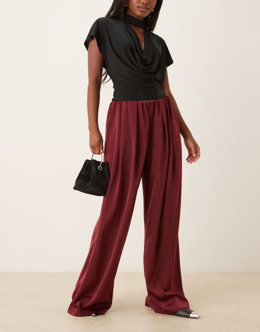 ASOS DEISGN tailored low rise pull on satin trousers in cherry red 