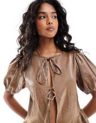 Asos Design Asos Deisgn Tie Front Blouse In Shimmer Gold