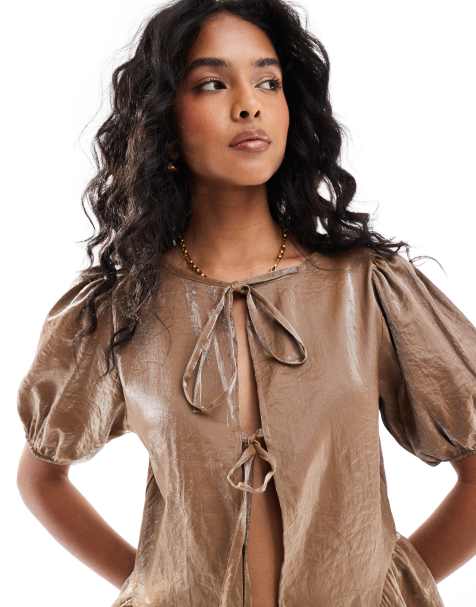 ASOS DEISGN tie front blouse in shimmer gold - view 1