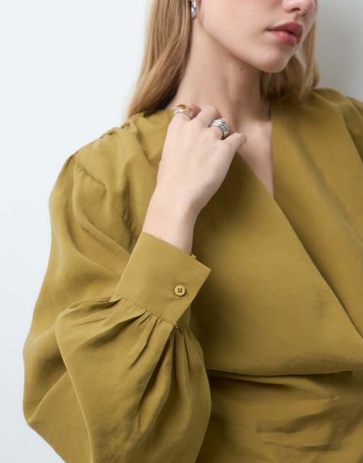ASOS DEISGN very low plunging draped front blouse in mustard, 2 of 4