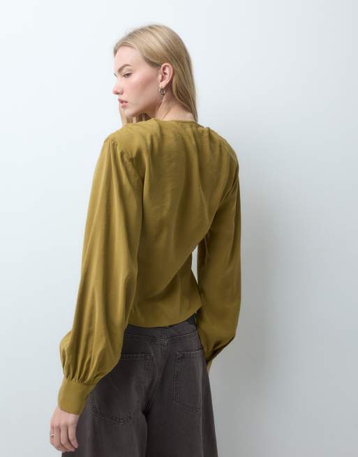 ASOS DEISGN very low plunging draped front blouse in mustard, 4 of 4