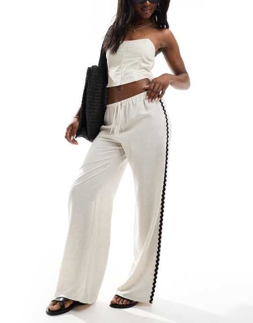 ASOS DEISGN wide leg trouser with contrast trim in natural linen