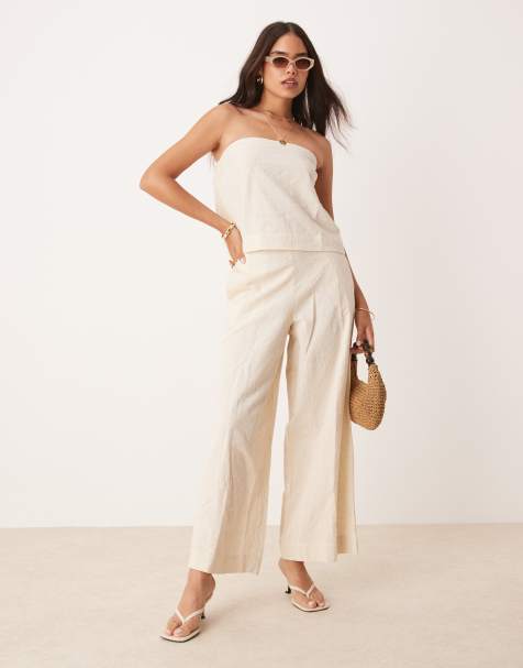 ASOS DEISIGN embroidery detail pants in cream (part of a set) - view 1