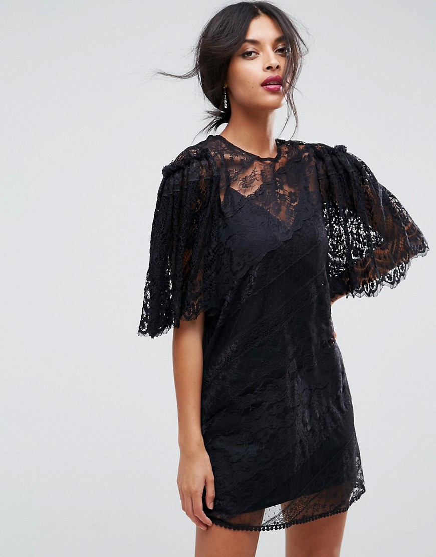 ASOS Delicate Lace Patchwork Flutter Sleeve Mini Dress-Black