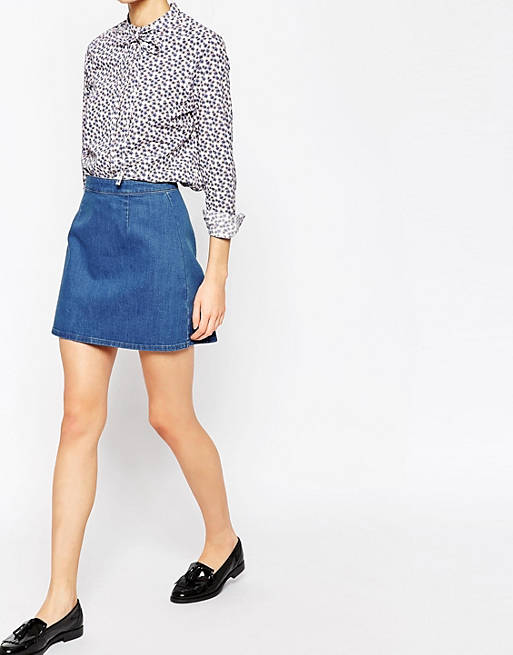 Denim A-Line Mini Skirt in Blue |