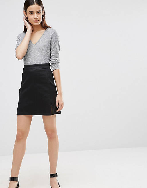 ASOS Denim A-line Skirt Coated Black With Split ASOS