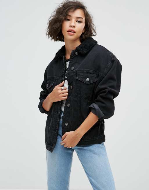 Black denim shop jacket borg