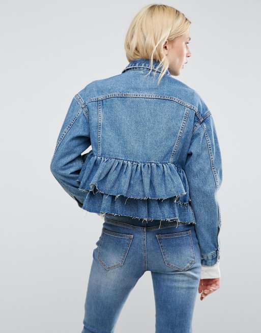 ASOS Denim Jacket With Cut Off Sleeve in Mid Wash