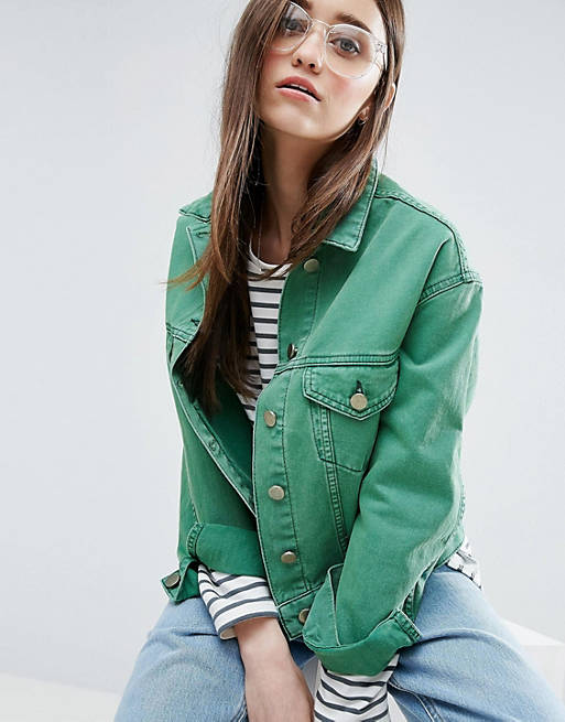 ASOS Denim Cropped Jacket in Green With Contrast Stitch