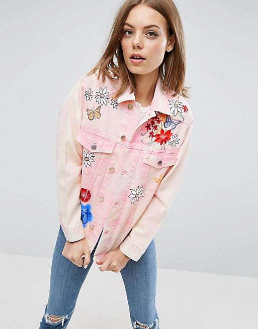 ASOS Denim Forget Me Not Hand Painted Jacket in Washed Pink