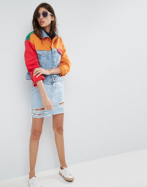 Hello Kitty x ASOS DESIGN colour block denim jacket with embroidery detail