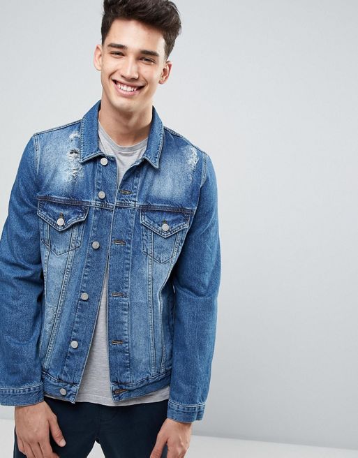 ASOS Denim Jacket in Mid Blue With Rips | ASOS