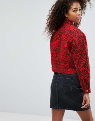 Red leopard print sales denim jacket