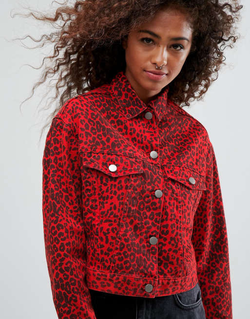 Topshop PETITE Red Leopard Print Denim Jacket