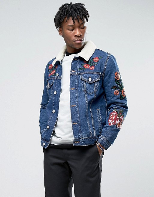 ASOS | ASOS Denim Jacket With Embroidery & Borg Collar In Blue Wash