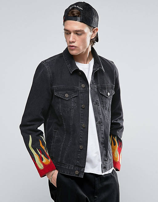 ASOS Denim Jacket with Flame Embroidery in Black