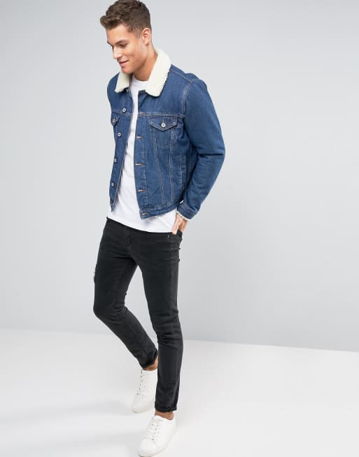 ASOS Denim Jacket With Patches & Fleece Collar In Blue Wash