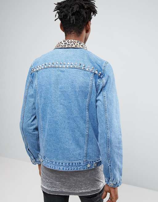 Denim jacket with leopard print collar sale