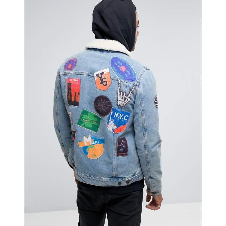 ASOS Denim Jacket With Patches & Borg Collar In Blue Wash