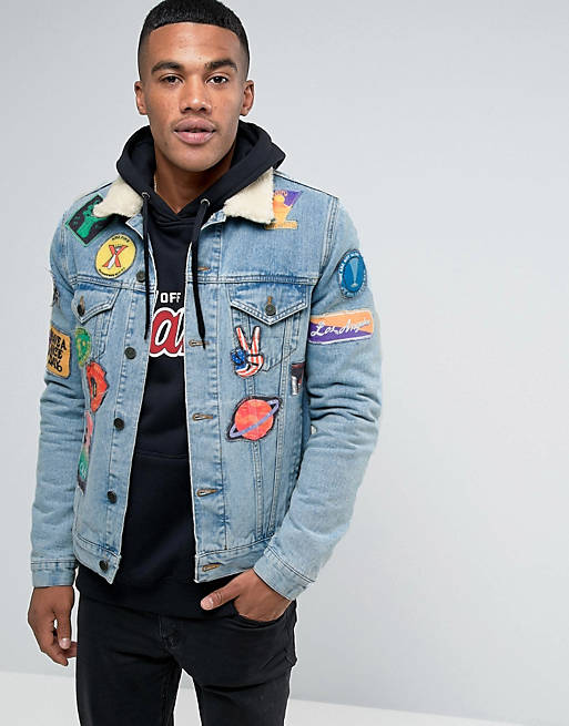ASOS Denim Jacket With Patches & Borg Collar In Blue Wash ASOS