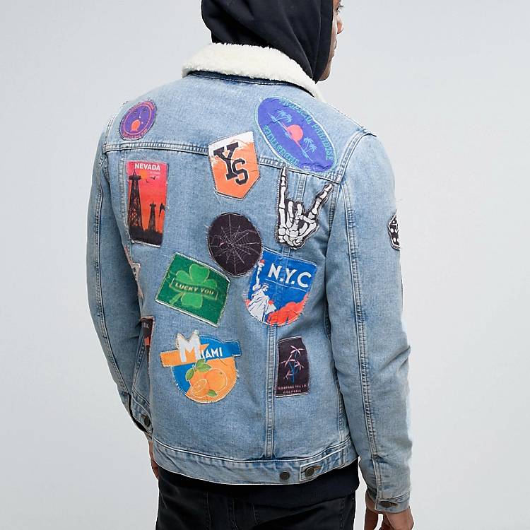ASOS Denim Jacket With Patches & Fleece Collar In Blue Wash