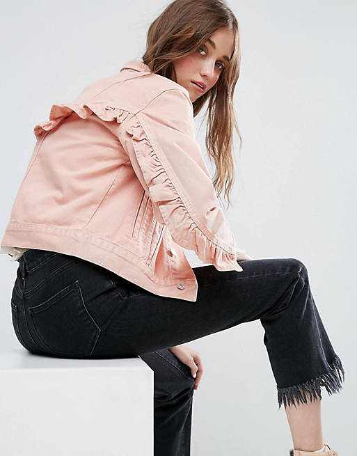 ASOS Denim Jacket With Ruffle Back in Washed Pink
