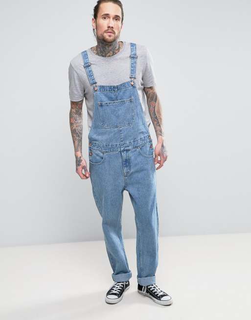 ASOS DESIGN short denim dungarees in mid wash blue