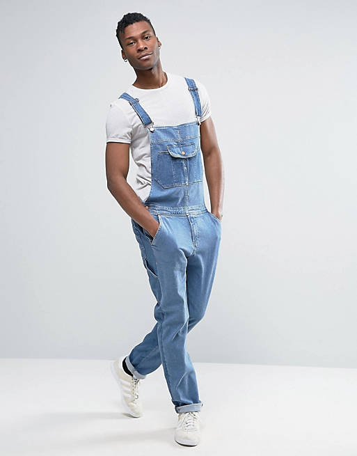 ASOS Denim Overalls With Retro Front Pocket In Mid Blue