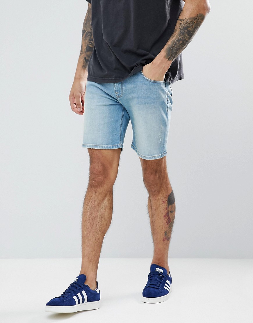ASOS Denim - Pantaloncini di jeans skinny lavaggio chiaro con abrasioni-Blu