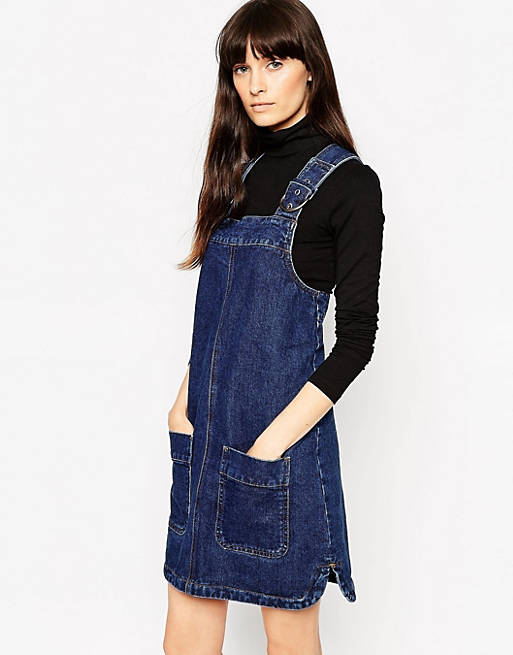 ASOS Denim Pinafore Dress With Patch Pockets In Rich Blue