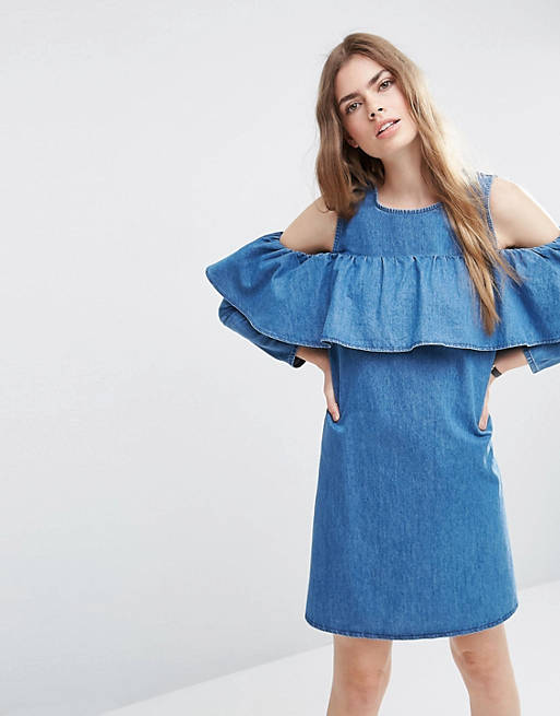 ASOS Denim Shift Dress with Cold Shoulder and Ruffle Detail