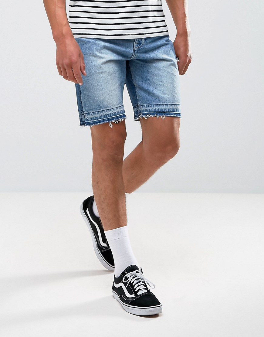 ASOS Denim Shorts In Slim Mid Wash Blue With Cut And Sew Detail