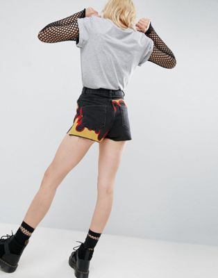 ASOS Denim Side Split Shorts With Flame Embroidery in Washed Black