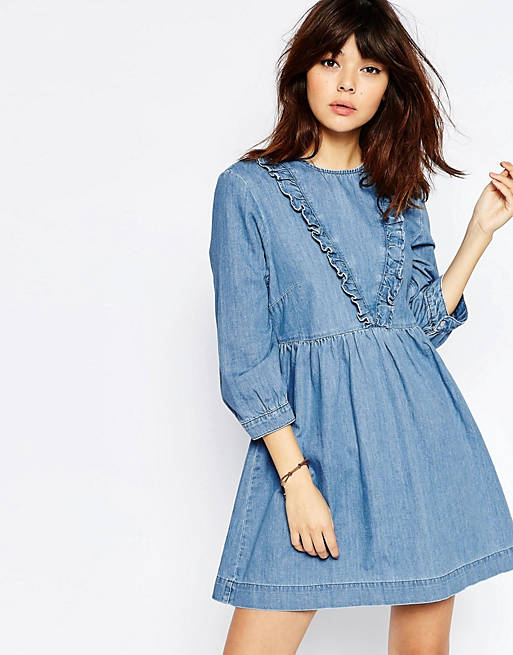 ASOS Denim Smock Dress with Ruffle Detail in Mid Blue
