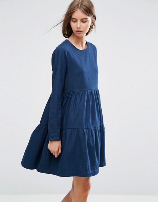 ASOS | ASOS Denim Tiered Smock Dress in Dark Blue