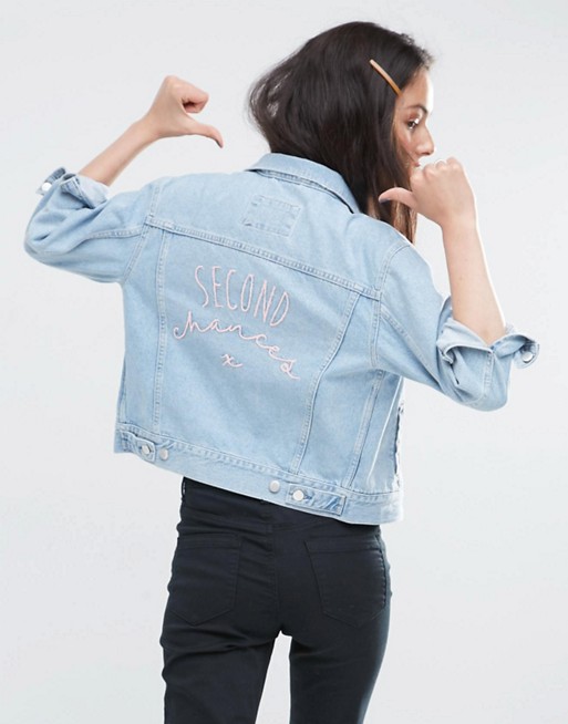 ASOS Denim Western Jacket in Light Stone-wash Blue with 2nd Chance Embroidery