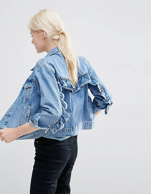 ASOS Denim Western Jacket in Mid Stone-wash Blue with Frill Detail