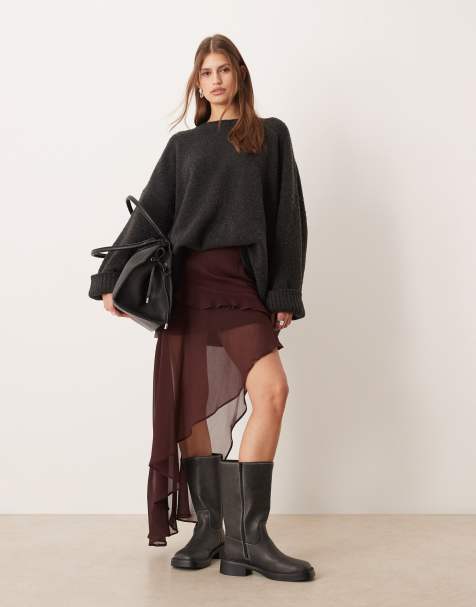 ASOS DESGIN asymmetric ruffle skirt in chocolate - BROWN - view 1