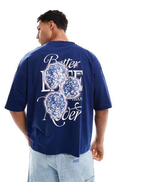 ASOS DESGIN boxy oversized T-shirt with floral graphic in navy - view 1