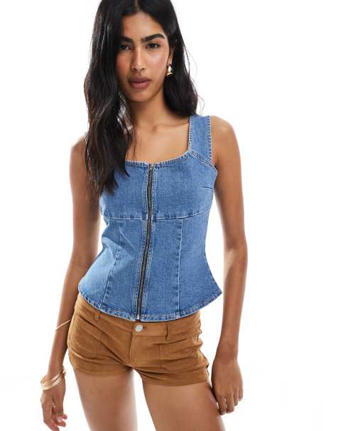 ASOS DESGIN denim zip through square neck top in mid blue - view 1