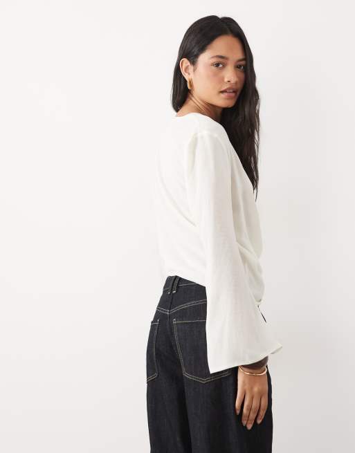 ASOS DESGIN draped chiffon long sleeve top in ivory - IVORY, 4 of 4