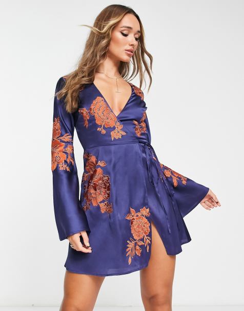 ASOS DESGIN embroidered floral mini wrap dress with flared sleeves in blue 