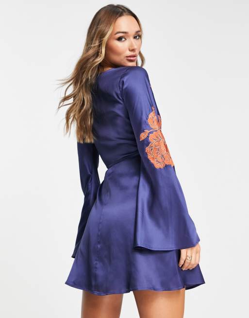 ASOS DESGIN embroidered floral mini wrap dress with flared sleeves in blue , 2 of 4