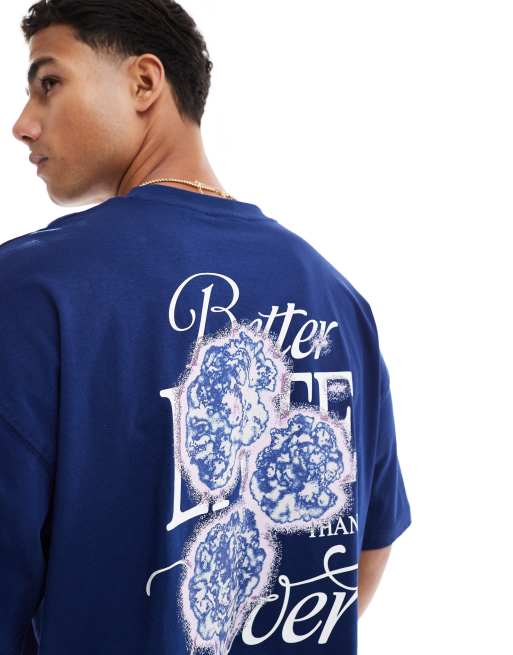 ASOS DESGIN - Marineblå oversized T-shirt med blomstergrafik i firkantet pasform, 4 af 4