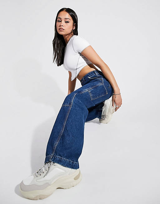 Women organic cotton blend mid rise oversized combat 'skater' jean in darkwash 