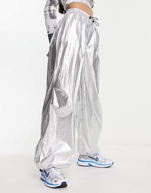 ASOS DESGIN parachute trouser in foil metallic fabric in silver