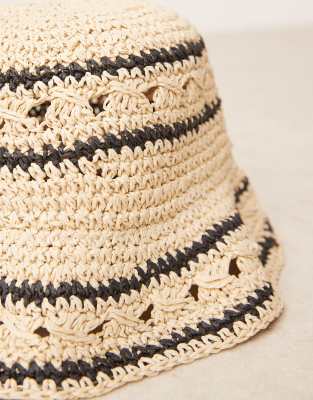 ASOS DESIGN ASOS DESGIN STRAW CROCHET STRIPE BUCKET HAT-NEUTRAL 