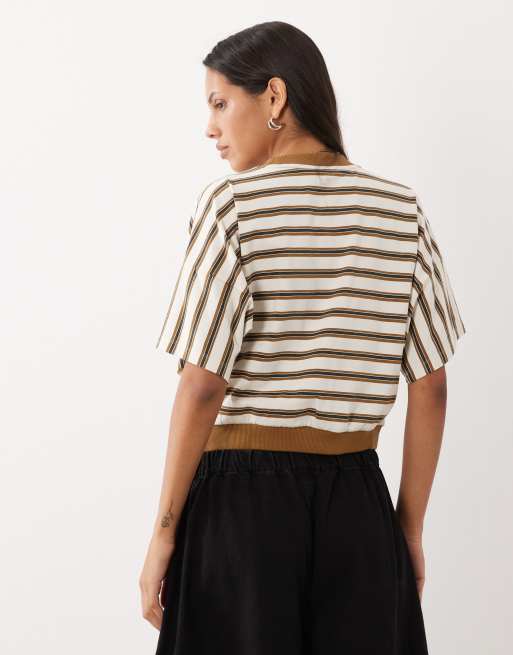 ASOS DESGIN stripe t-shirt with contrast neck in khaki, 4 of 4